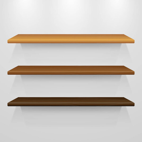 Set of 3d vector wooden shelves template on gray wall
