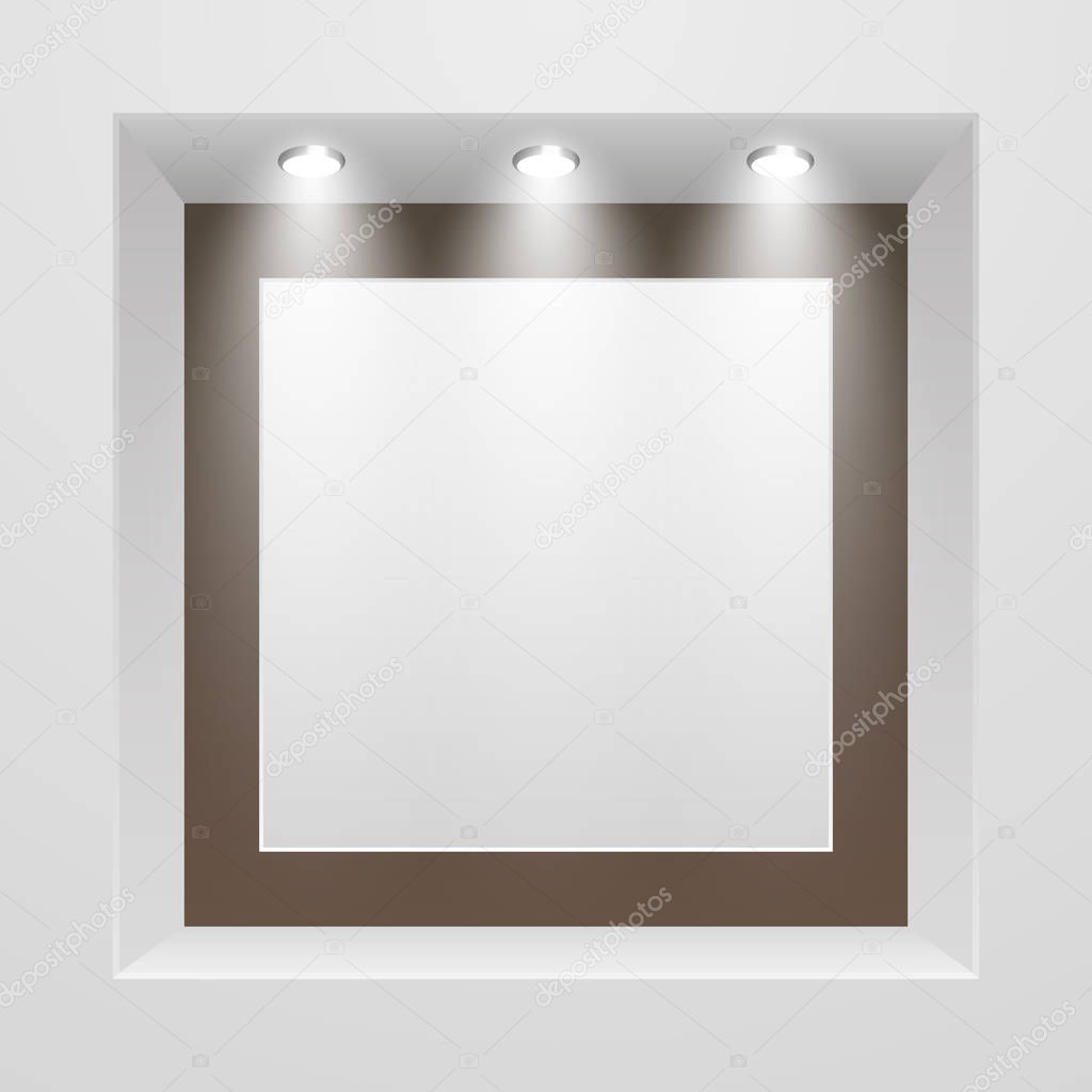 Empty storefront with ceiling lighting, banner template