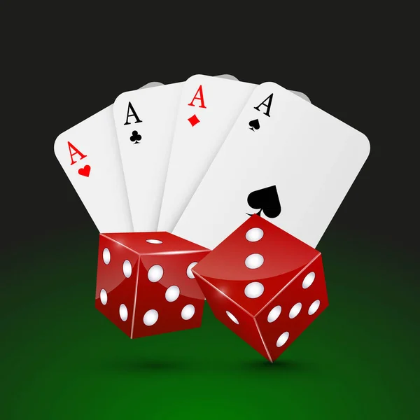 Casino-Würfel und vier Asse auf dunklem Hintergrund — Stockvektor