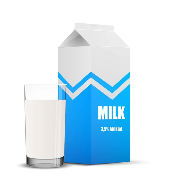 Cardboard package and glass with milk, vector — Stock Vector