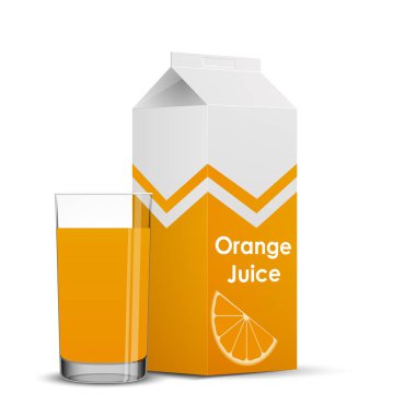 Cardboard package and glass with orange juice, vector clipart