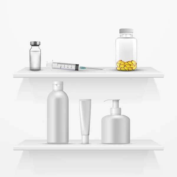 Medical accessories on the shelf, set of medical and health care objects — Stock Vector