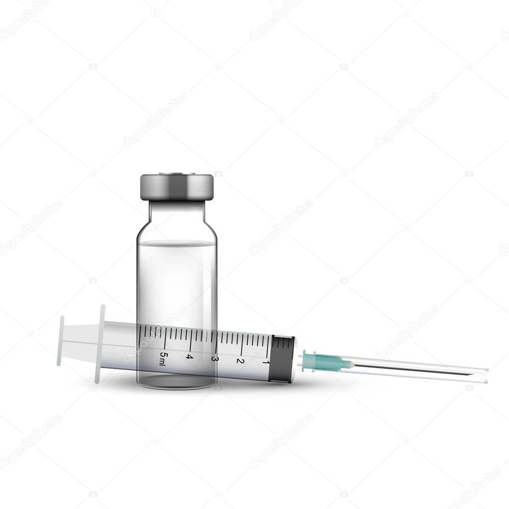 Transparent glass medical vial and syringe, vector illustration