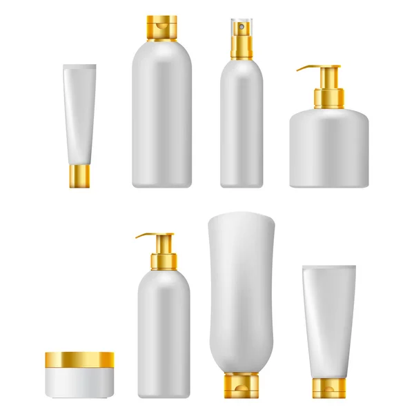 Kosmetikverpackung mit goldenen Kappen, isoliert auf weißem Hintergrund. — Stockvektor