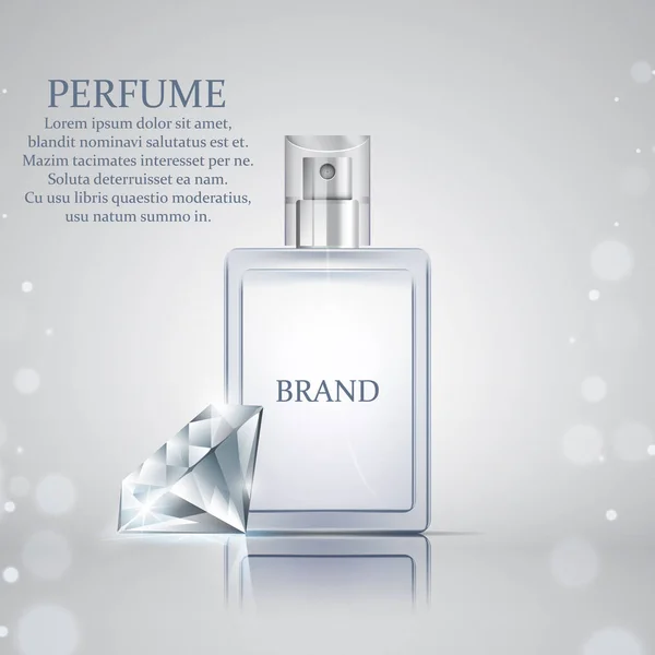 Flacon de parfum en verre réaliste avec diamant brillant sur fond abstrait — Image vectorielle
