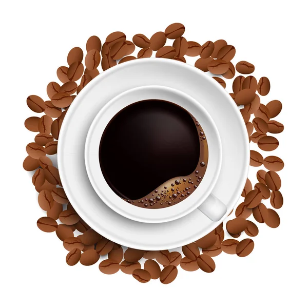 A Cup of Coffee with saucer on a coffee beans, top view — Stock Vector