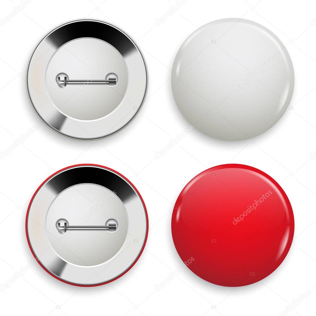Set of red and white badges, front and back side