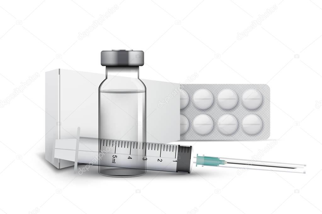 Blister pills, medical vial and syringe, vector illustration
