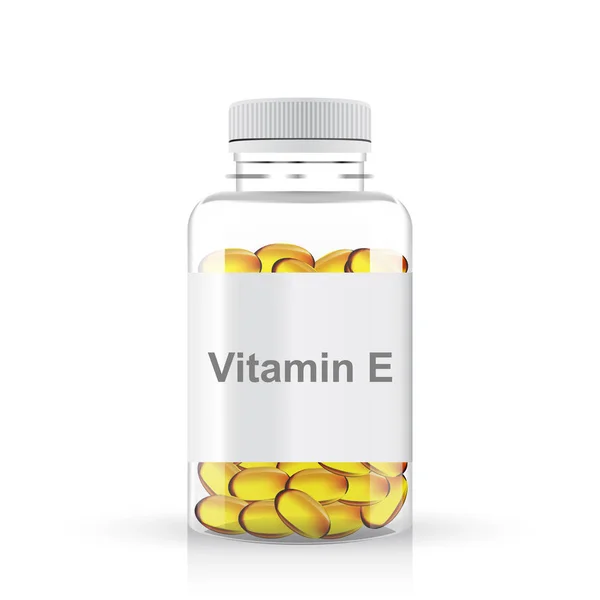 Transparentní Plastová lahvička prášků vitaminu e — Stockový vektor