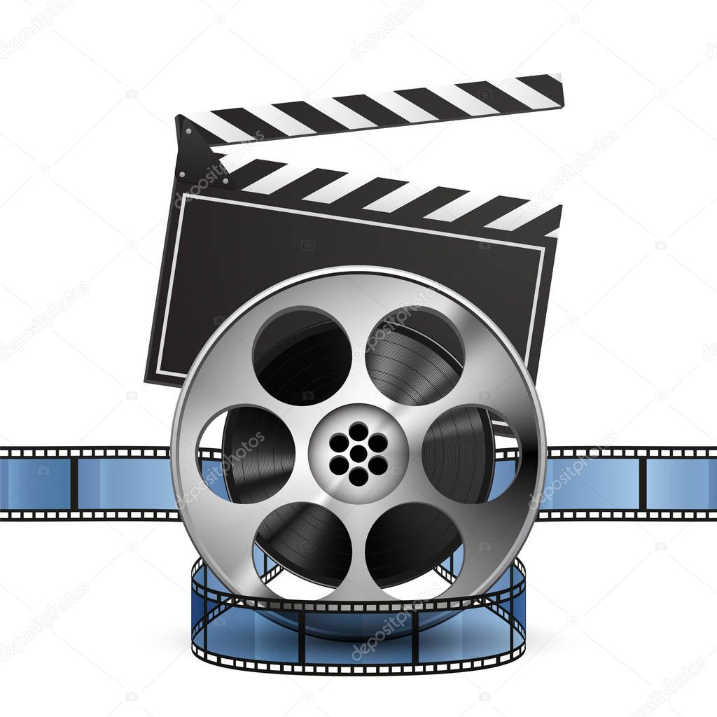 Reel of film strip 3d with clapperboard, realistic vector, isolated on white