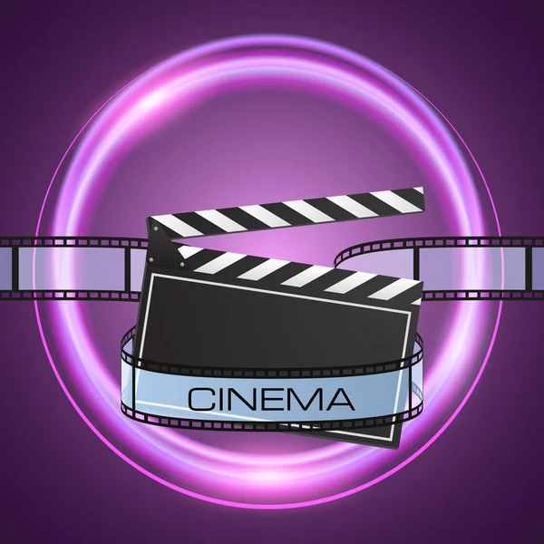 Film strip and clapperboard on abstract purple background — Stock Vector