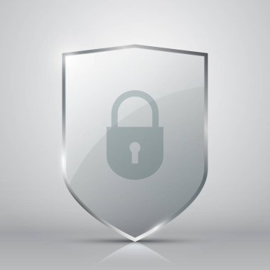 Gri arka plan üzerinde kilit ile şeffaf cam kalkan