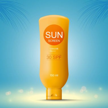 Güneş filtresi losyonu şişesi şablonu mavi zemin üzerine