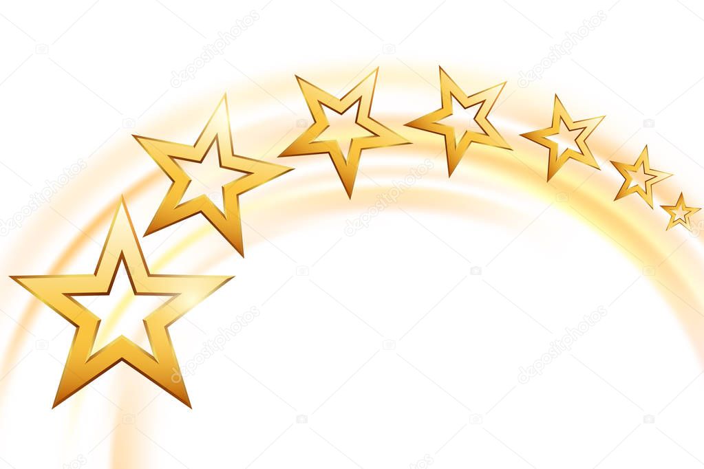 Flying golden stars on abstract blurred background, vector illustration