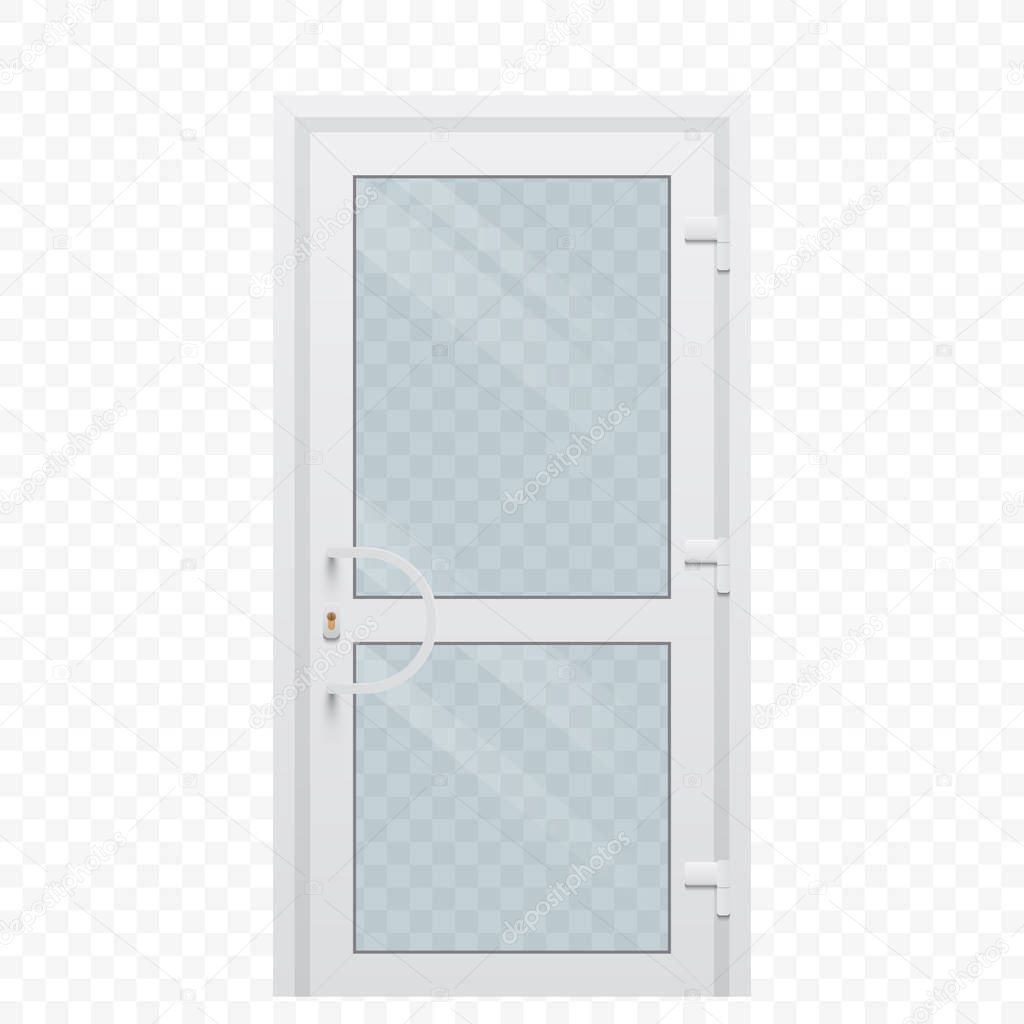 Plastic door with transparent glass window on simple background