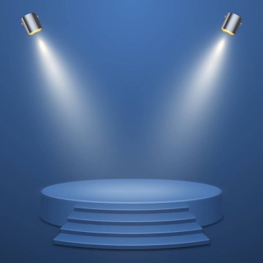 Merdiven ve aydınlatma ile soyut mavi yuvarlak podyum