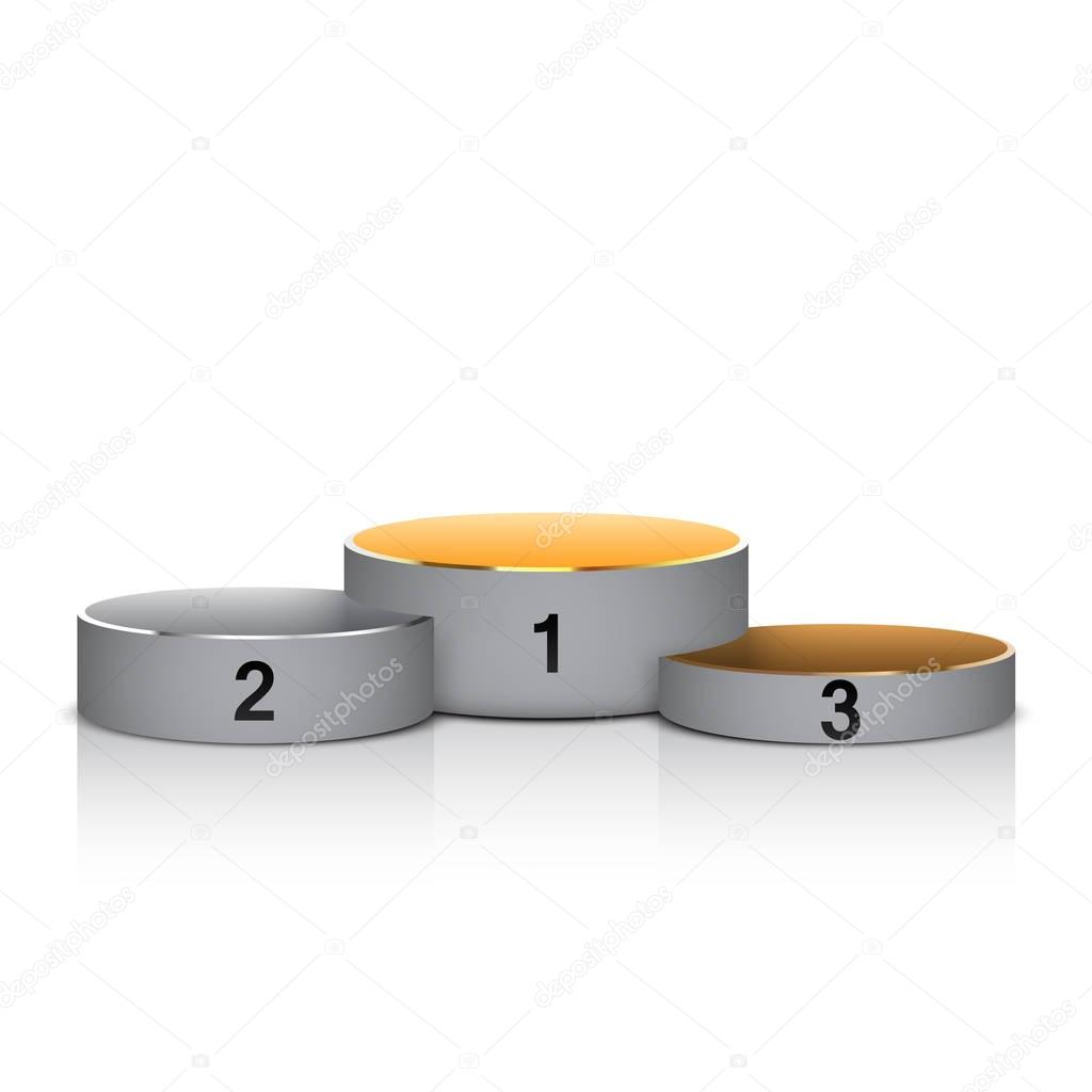 Realistic vector round podium with gold, silver and bronze place