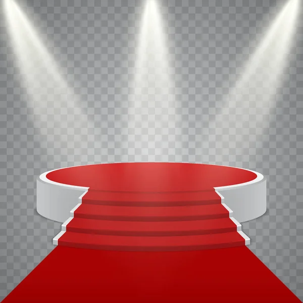 Round podium with red carpet and light effect — Stock Vector