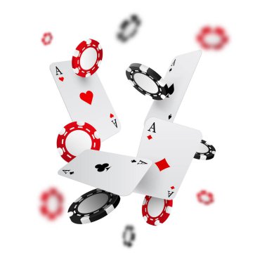 Düşen casino fişi ve bulanık elemanları, vektör çizim, üzerinde beyaz izole ile as