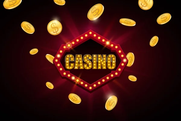 Banner Casino Con Bombillas Monedas Oro Cayendo Fondo Abstracto — Vector de stock
