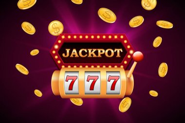 Slot makinesidir ve ikramiye afiş ile düşen altın sikke, vektör tasarımı