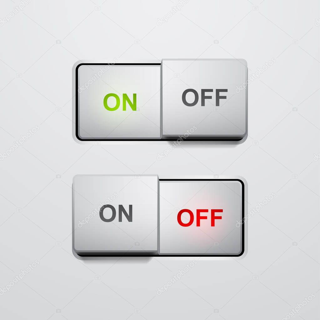 Set of realistic press button in on and off positions, vector button with light effect