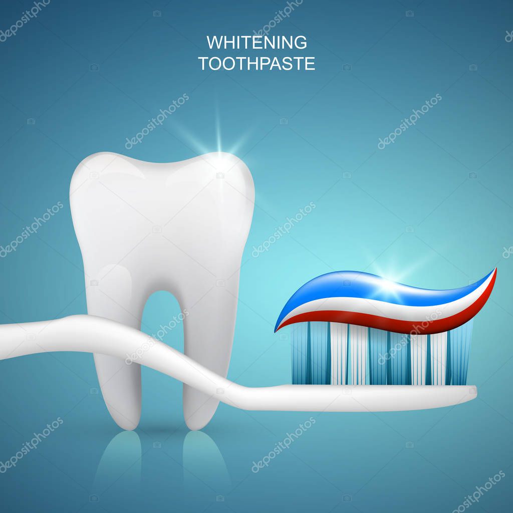 Healthy tooth and toothpaste on toothbrush, vector banner