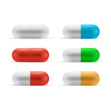 Beyaz izole farklı tıbbi kapsül, renkli hapları, dizi