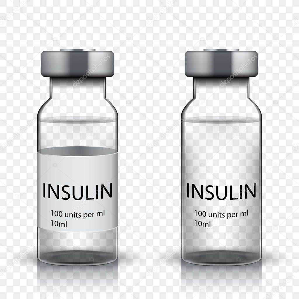 Transparent glass medical vial with insulin, vector illustration