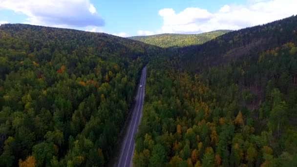 Video vista aérea del dron sobre la carretera en el bosque en el camino al lago Baikal — Vídeos de Stock