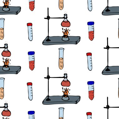 Tıbbi malzemeler ve aletler el yazması çizim tarzında kusursuz desen. Vektör illüstrasyonu