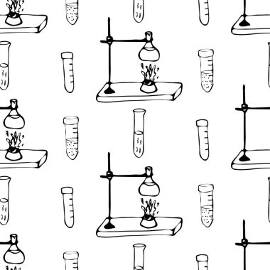 Tıbbi malzemeler ve aletler el yazması çizim tarzında kusursuz desen. Vektör illüstrasyonu