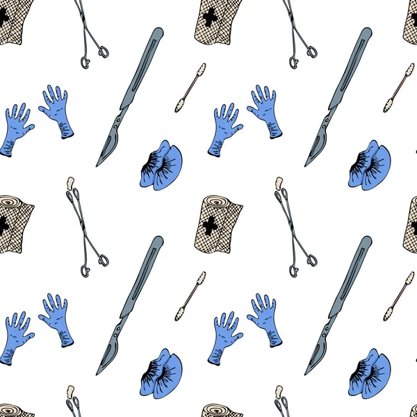 Medical equipments and tools seamless pattern in the freehand drawing style. Vector illustration