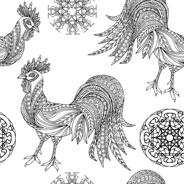 Naadloze zwart-wit patroon met hanen. Vector. — Stockvector