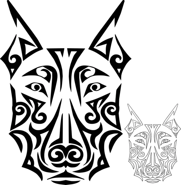 手拉的狗头部程式化毛利人脸上的纹身。矢量 — 图库矢量图片