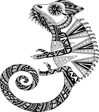 Beyaz arka plan üzerinde izole el çekilmiş etnik bukalemun. Vektör.