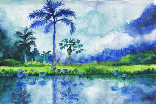 Quadro de aquarela desenhado à mão com montanhas azuis, palmeiras e lago. Ilustração — Fotografia de Stock