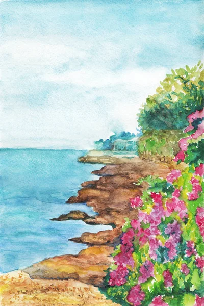 Akvarell kép, kilátással a tengerre. illusztráció — Stock Fotó