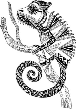 Beyaz arka plan üzerinde izole el çekilmiş etnik bukalemun. Vektör.