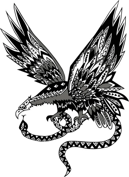 Aquila disegnata a mano in bianco e nero con serpente. Vettore — Vettoriale Stock