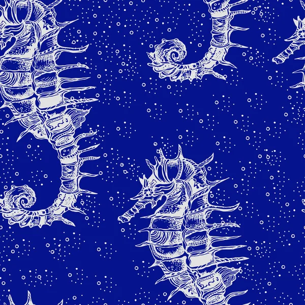 Nahtloses blaues Muster mit Seepferdchen. Vektor — Stockvektor