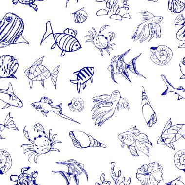El ile Seamless Modeli çizilmiş balıklar ve kabukları. Vektör.