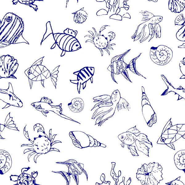 El ile Seamless Modeli çizilmiş balıklar ve kabukları. Vektör.