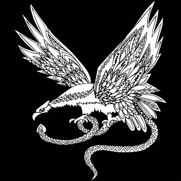 Águia branca desenhada à mão com cobra isolada sobre fundo preto. Vetor — Vetor de Stock