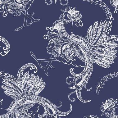 Beyaz horoz ile Seamless mavi modeli. Vektör