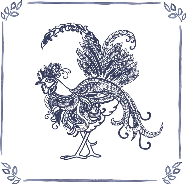 Azulejo con gallo azul adornado dibujado a mano. Vector — Archivo Imágenes Vectoriales
