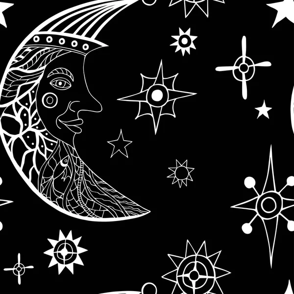 Modello nero senza cuciture con stelle bianche e luna. Vettore — Vettoriale Stock