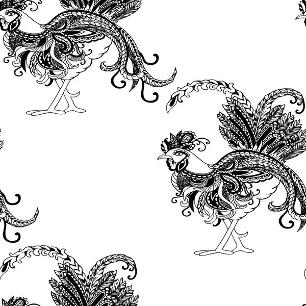 Seamless black and white pattern with ornate roosters. Vector