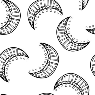 Seamless white pattern with black moons. Vector clipart