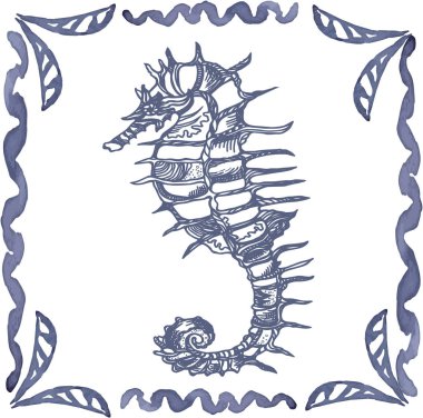 Döşeme el ile mavi seahorse2 çizilmiştir. Vektör